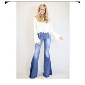 JUDITH MARCH mid rise bell bottom jeans flare lace up western cowgirl boho S